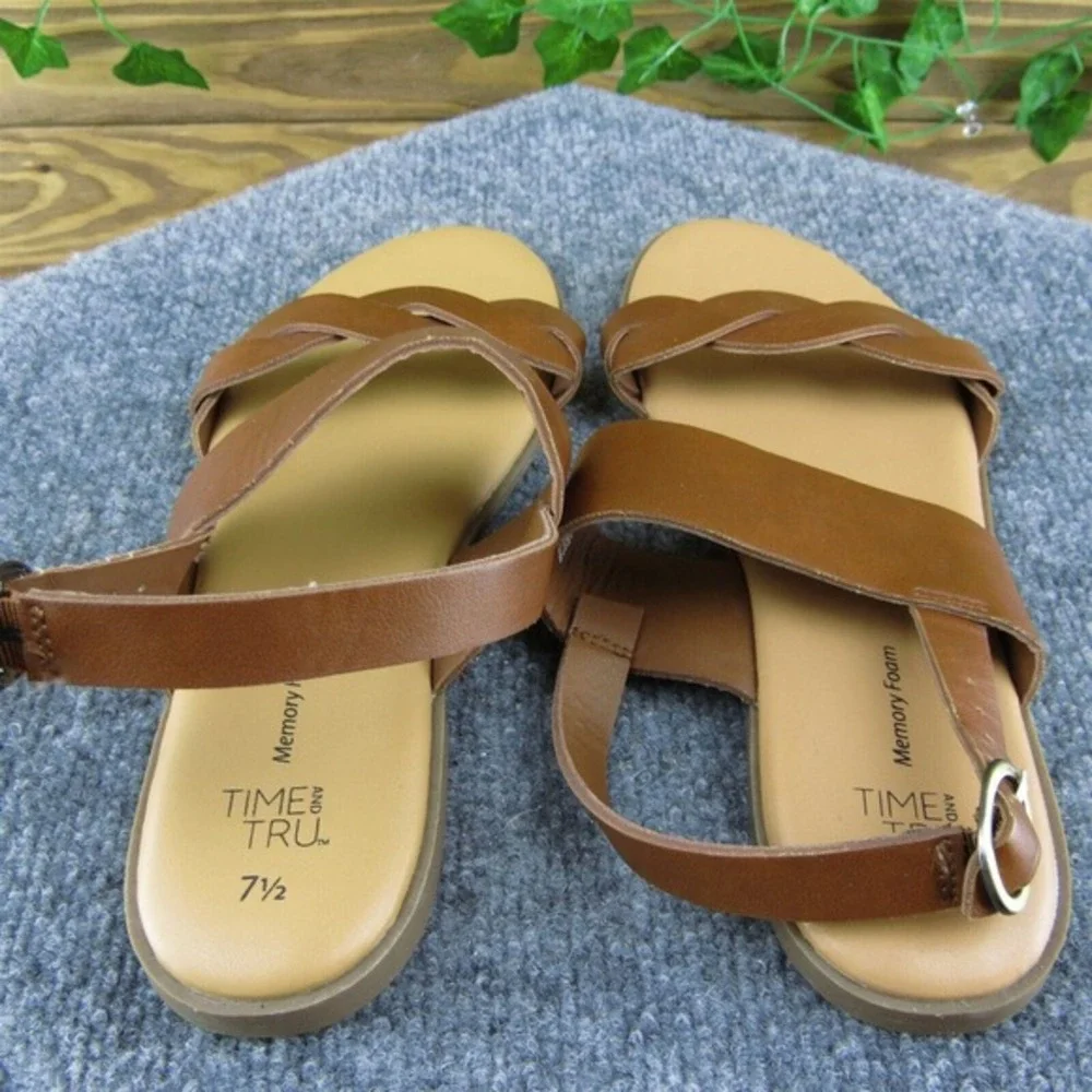 Time And Tru Women Ankle Strap Sandal Shoes‎ Brown Synthetic Size 7.5 Medium